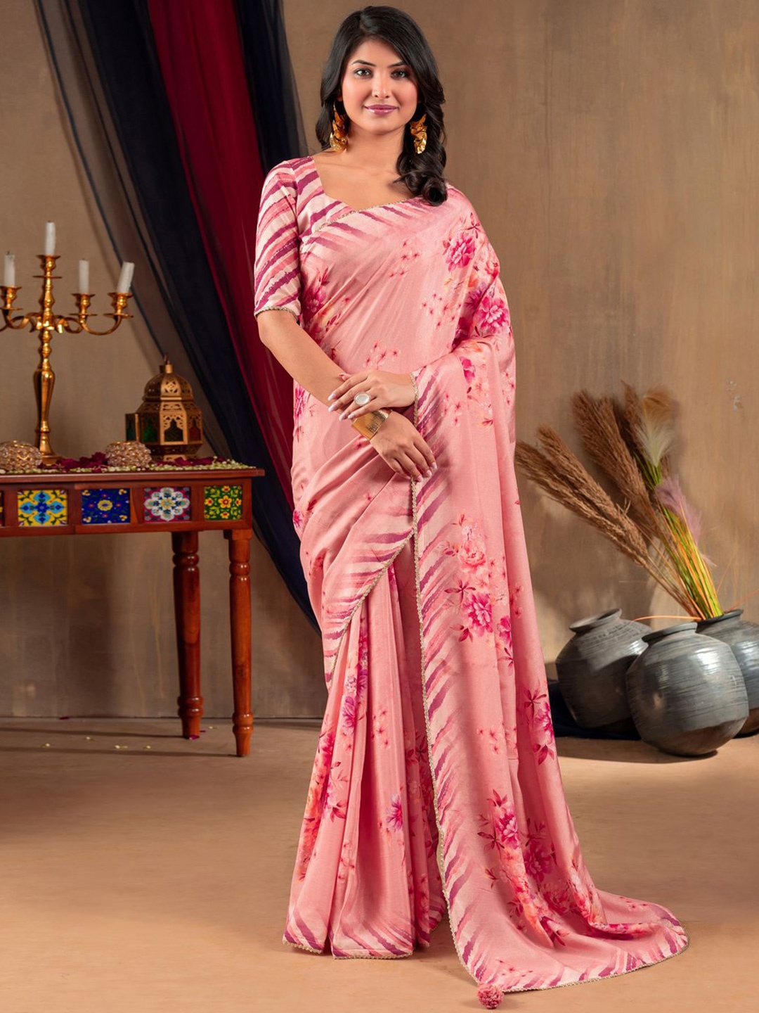 

Anouk Floral Block Print Saree, Pink