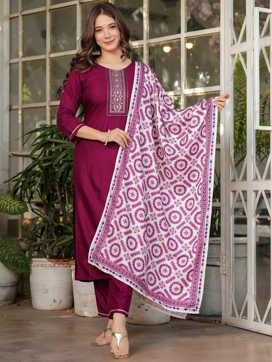 

THE52 Women Ethnic Motifs Embroidered Regular Sequinned Kurta with Trousers & With Dupatta, Maroon