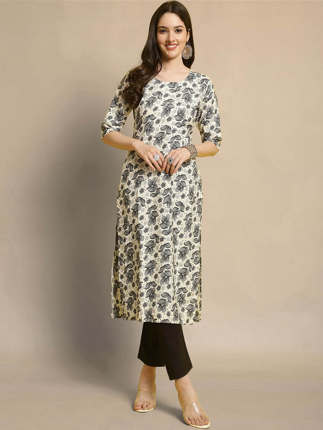 

Moda Rapido Floral Printed Straight Kurta with Trousers, Grey