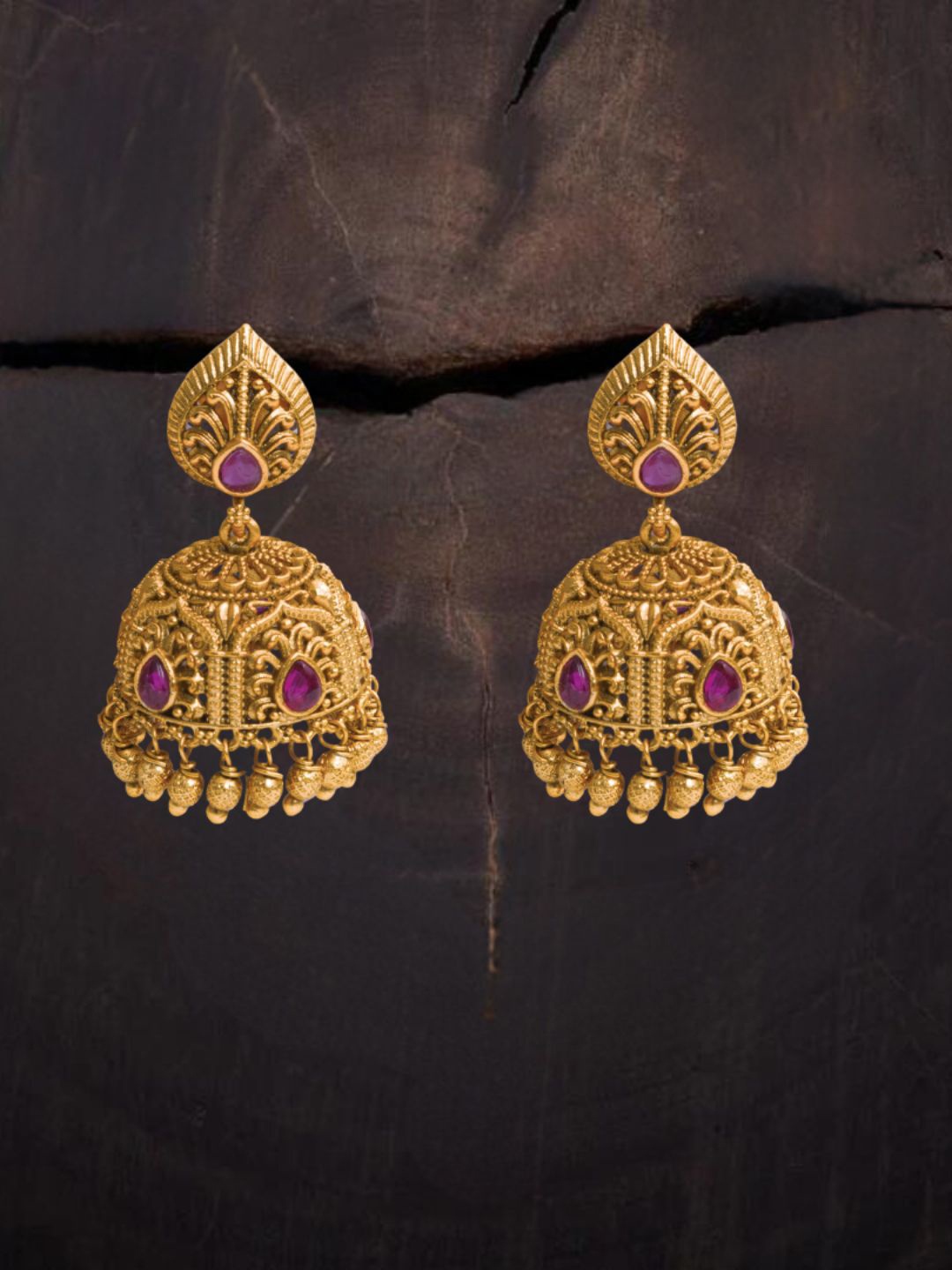 

South Temple Jewellery Gold-Plated Artificial Stoned Studded Dome Shaped Jhumkas