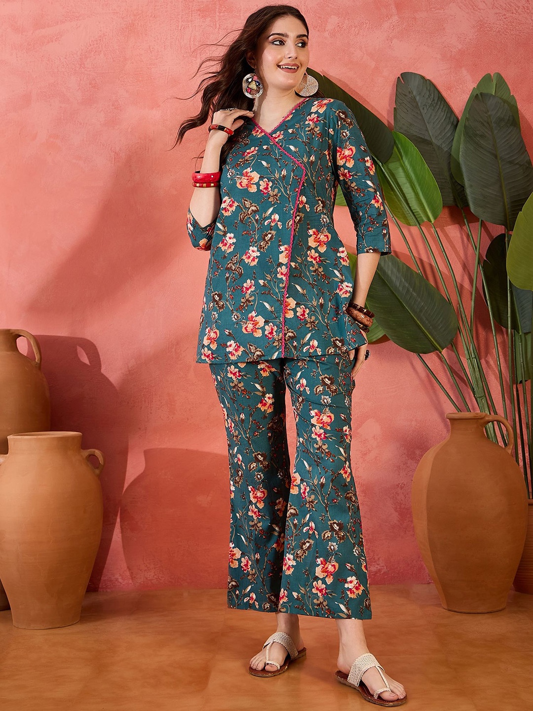 

Sangria Floral Printed Pure Cotton Three Quarter Sleeve Tunic & Trouser Co-Ords, Teal