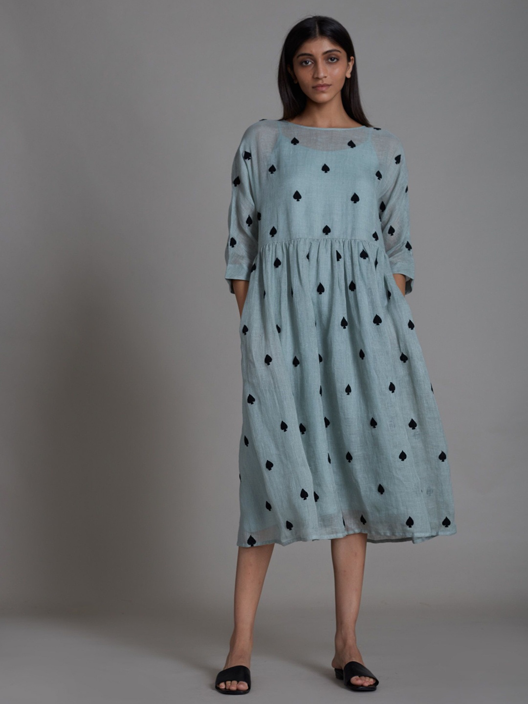 

MATI Polka Dot Print Linen Empire Midi Dress, Blue