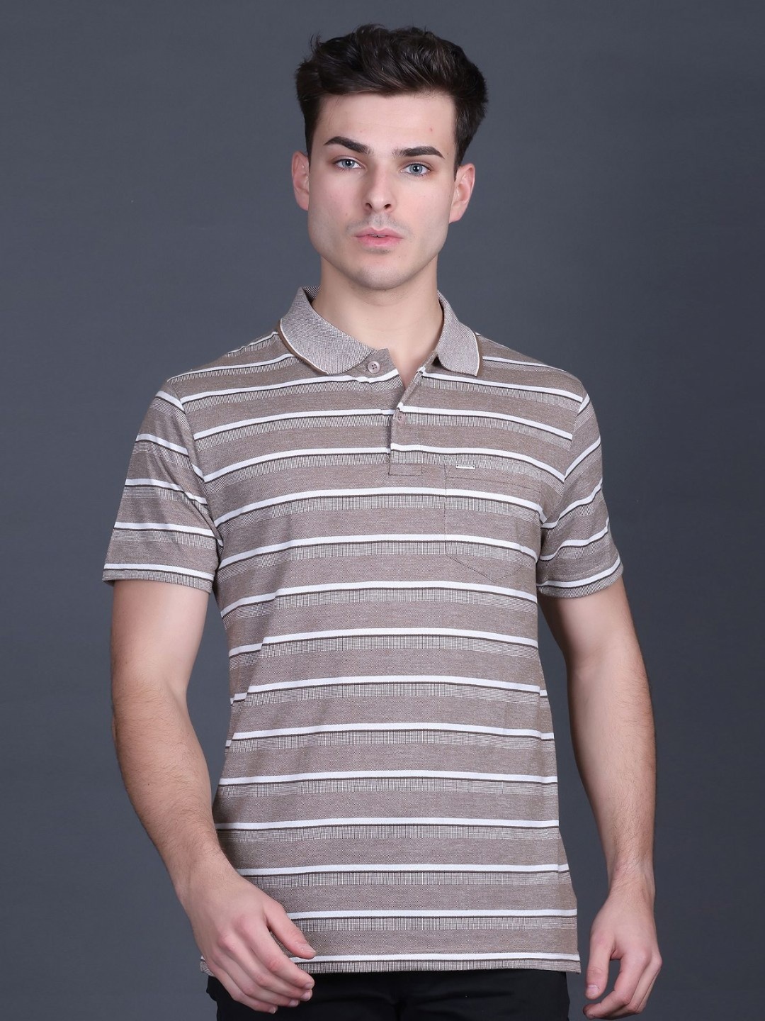 

GODFREY Men Striped Polo Collar T-shirt, Brown