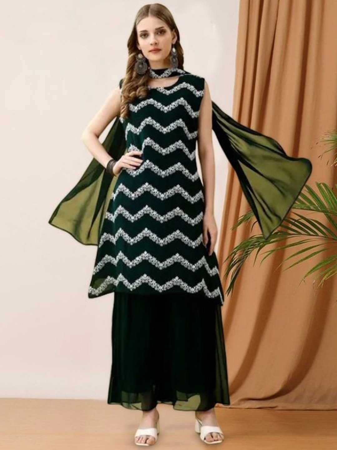 

PARROT CREATION Chevron Embroidered Georgette A-Line Kurti With Palazzos And Dupatta, Green