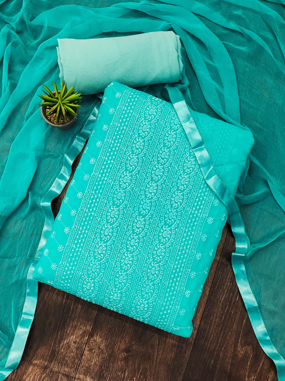

SAINOOR Embroidered Silk Georgette Unstitched Dress Material, Sea green