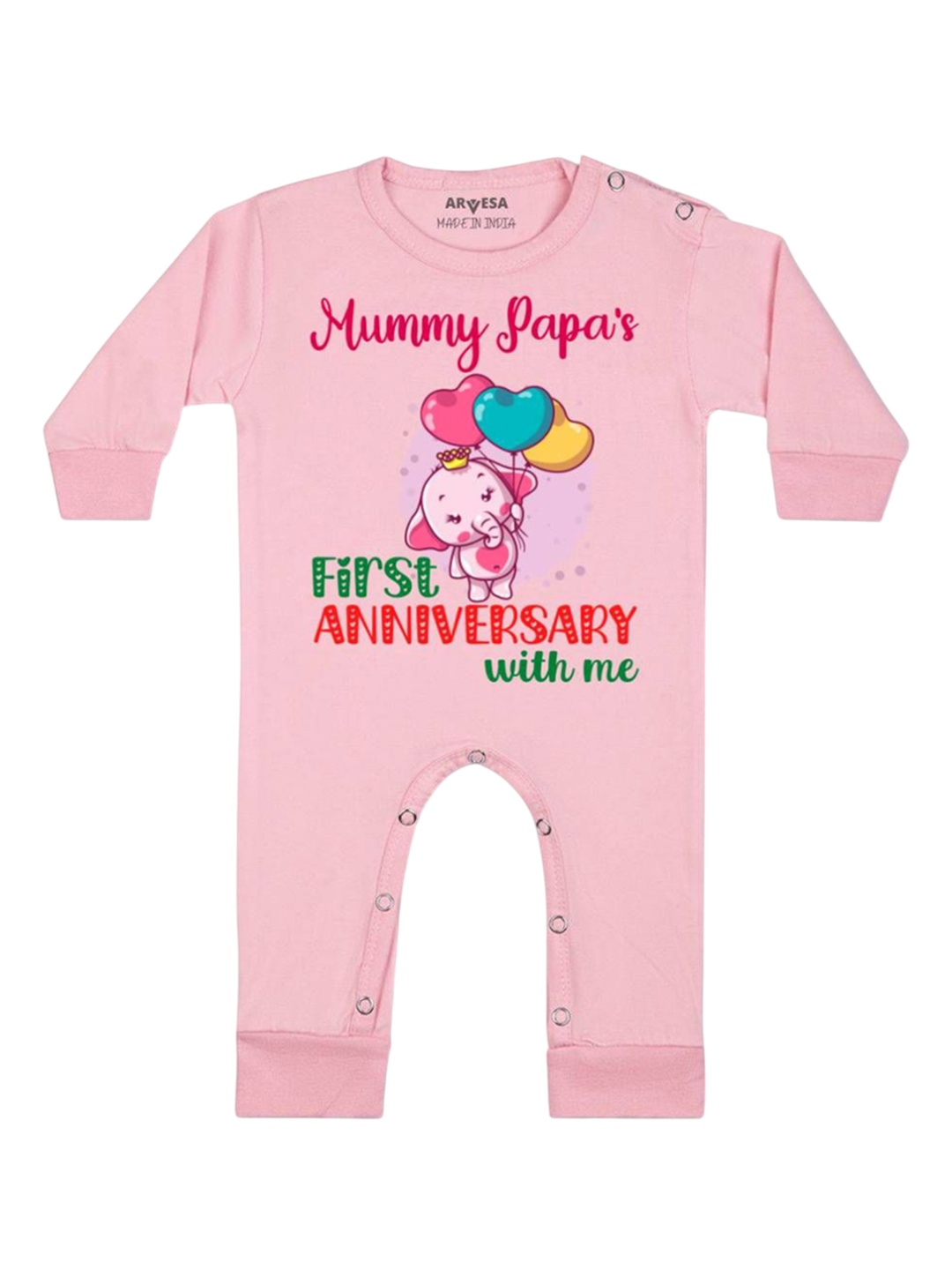 

Arvesa Kids Mummy Papa First Anniversary With Me Printed Baby Romper, Pink