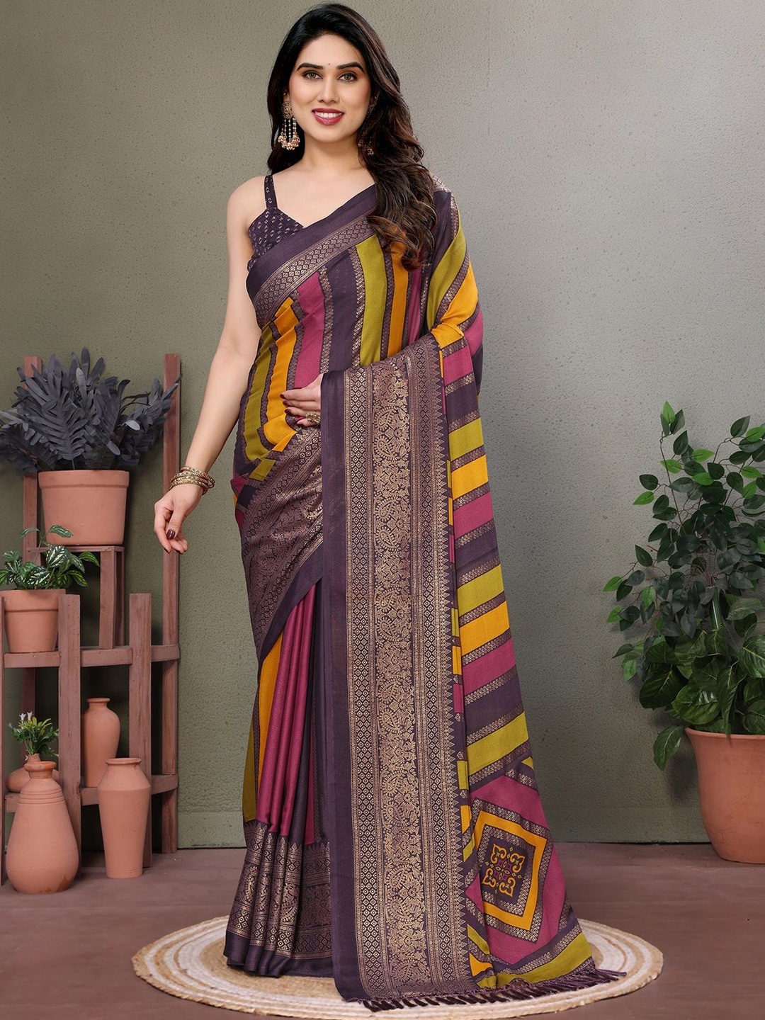 

Fashion FRICKS Striped Silk Cotton Saree, Magenta