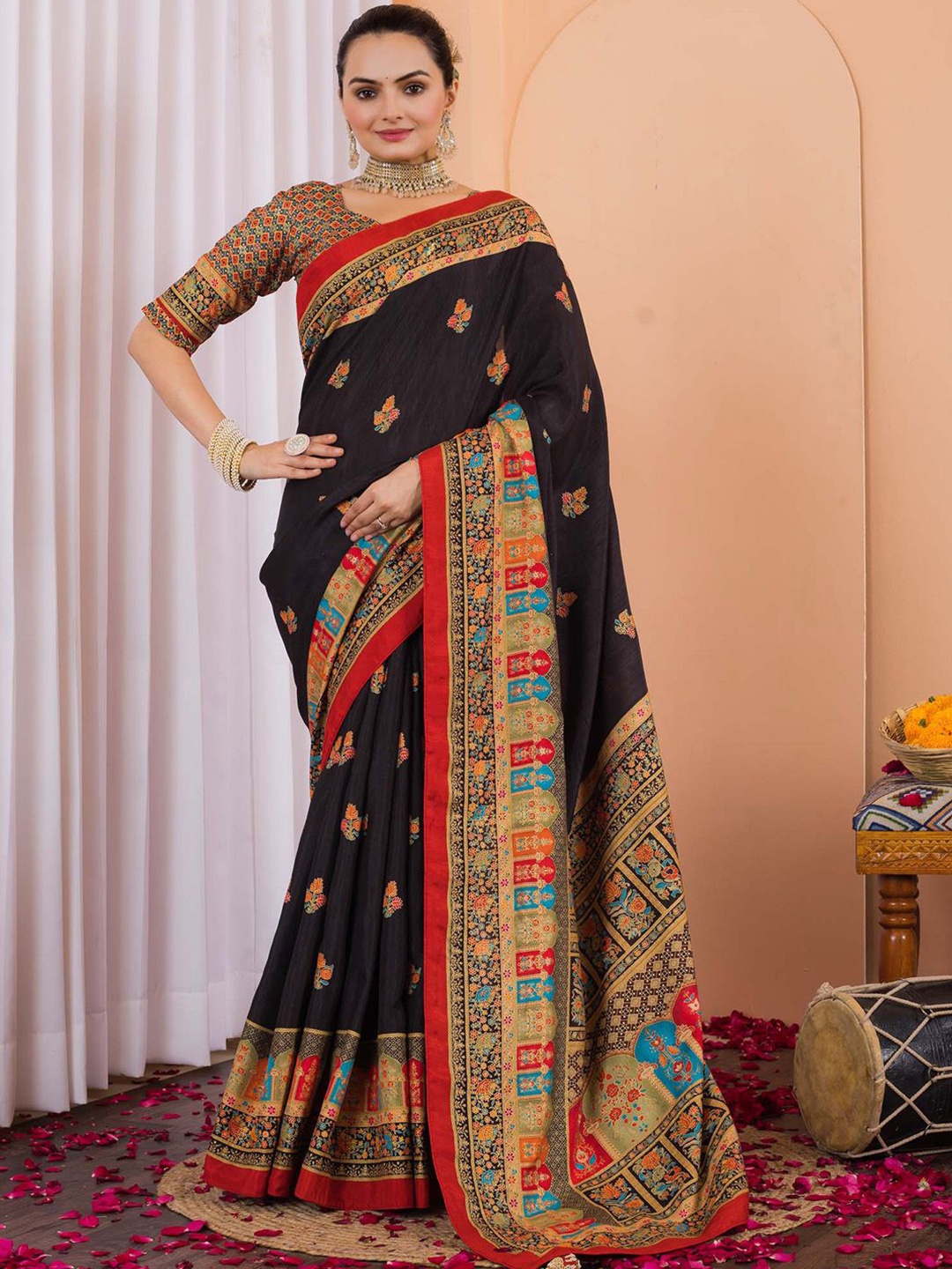 

Anouk Ethnic Motifs Silk Blend Saree, Black