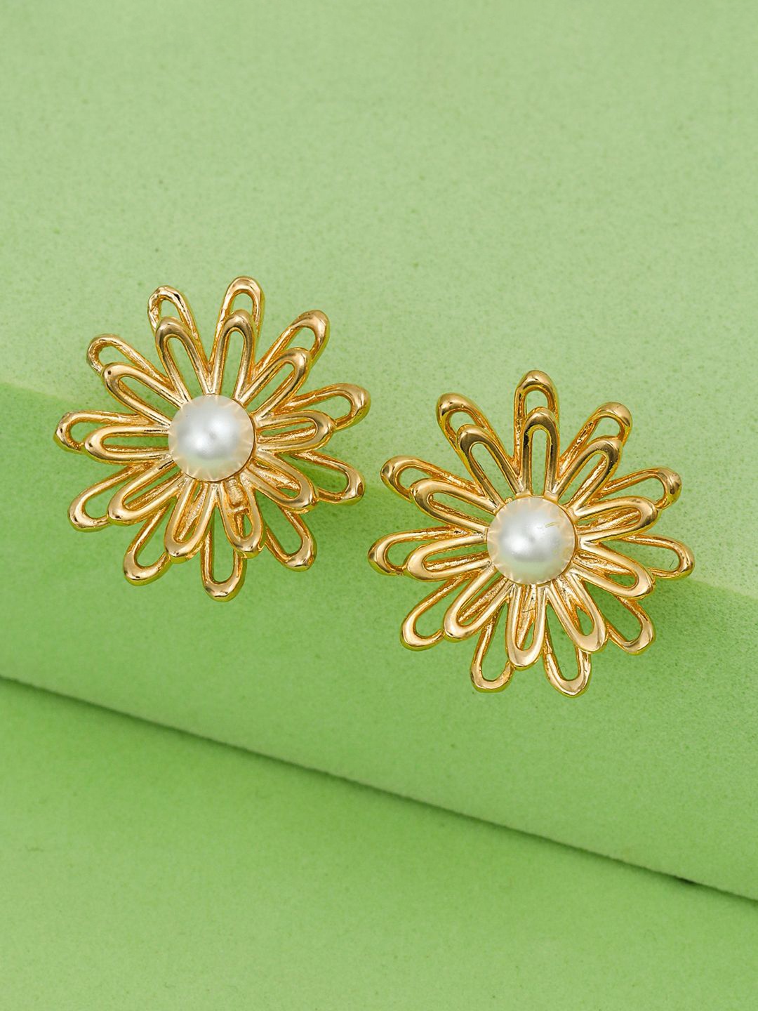 

MAIRA 925 Sterling Silver Rhodium-Plated Cubic Zirconia Stone Studded Floral Shaped Studs, Gold