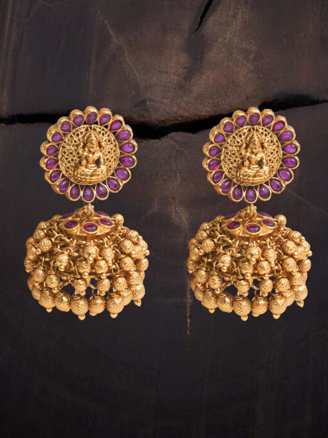 

South Temple Jewellery Gold-Plated Artificial Stones Studded Dome Shaped Jhumkas