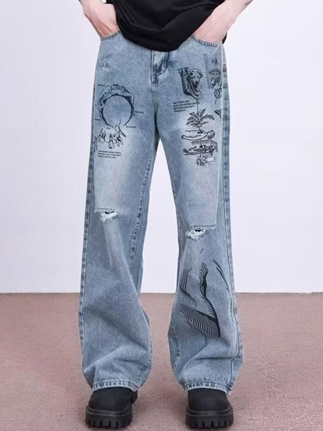 

HERE&NOW Men Slash Knee Light Fade Wide Leg Jeans, Blue