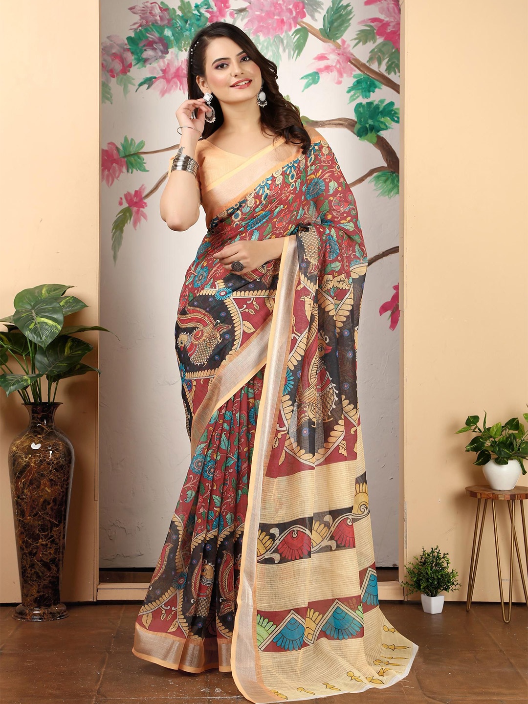 

KALINI Ethnic Motifs Printed Khadi Saree, Brown