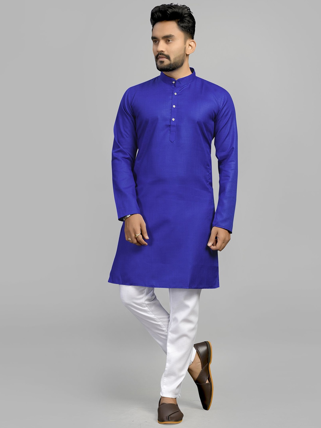 

Fashion FRICKS Band Collar Full Sleeves Straight Kurta, Blue