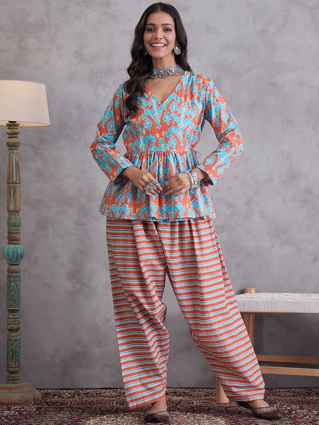 

Sangria Floral Printed V-Neck Pure Cotton Angrakha Tunic & Trousers, Blue