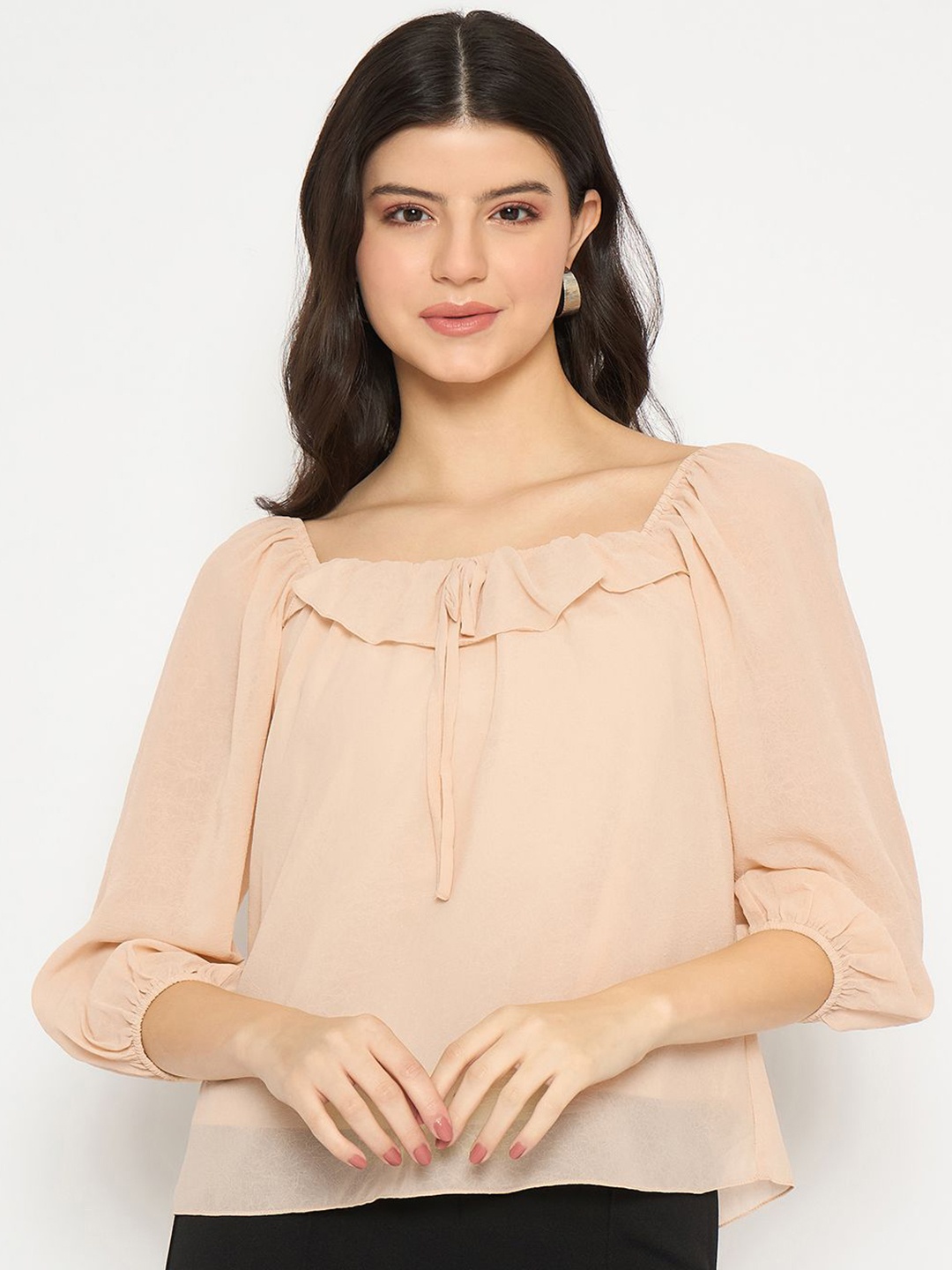 

Madame Tie-Up Neck Puff Sleeve Top, Beige