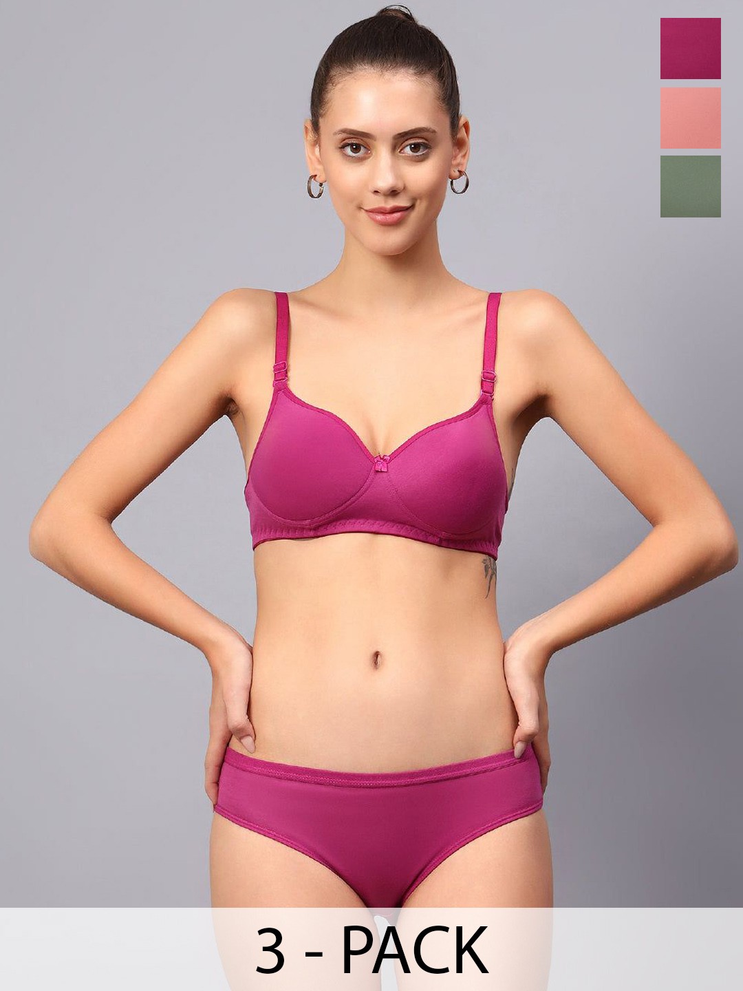 

Designer Bugs Pack Of 3 Cotton Non Padded Non Wired Lingerie Set NPLS-RG-DP-O-30B, Rose gold