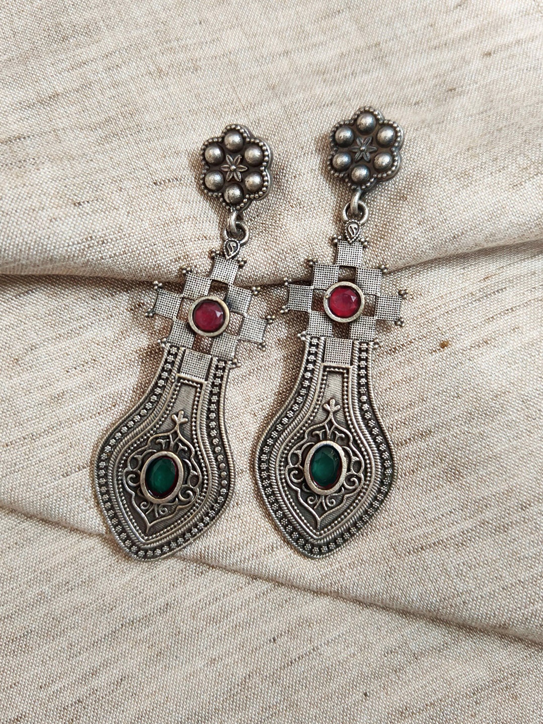 

Molcha Artificial Stones Studded Contemporary Oxidised Drop Earrings, Silver