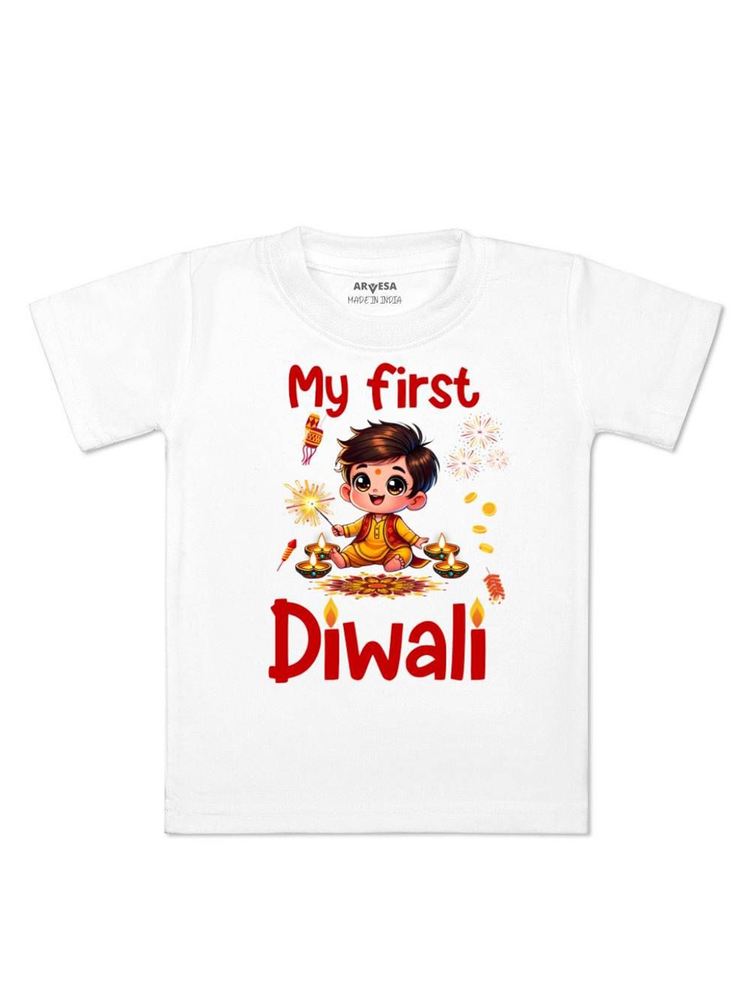 

Arvesa First Diwali Printed Kids Unisex T-shirt, White