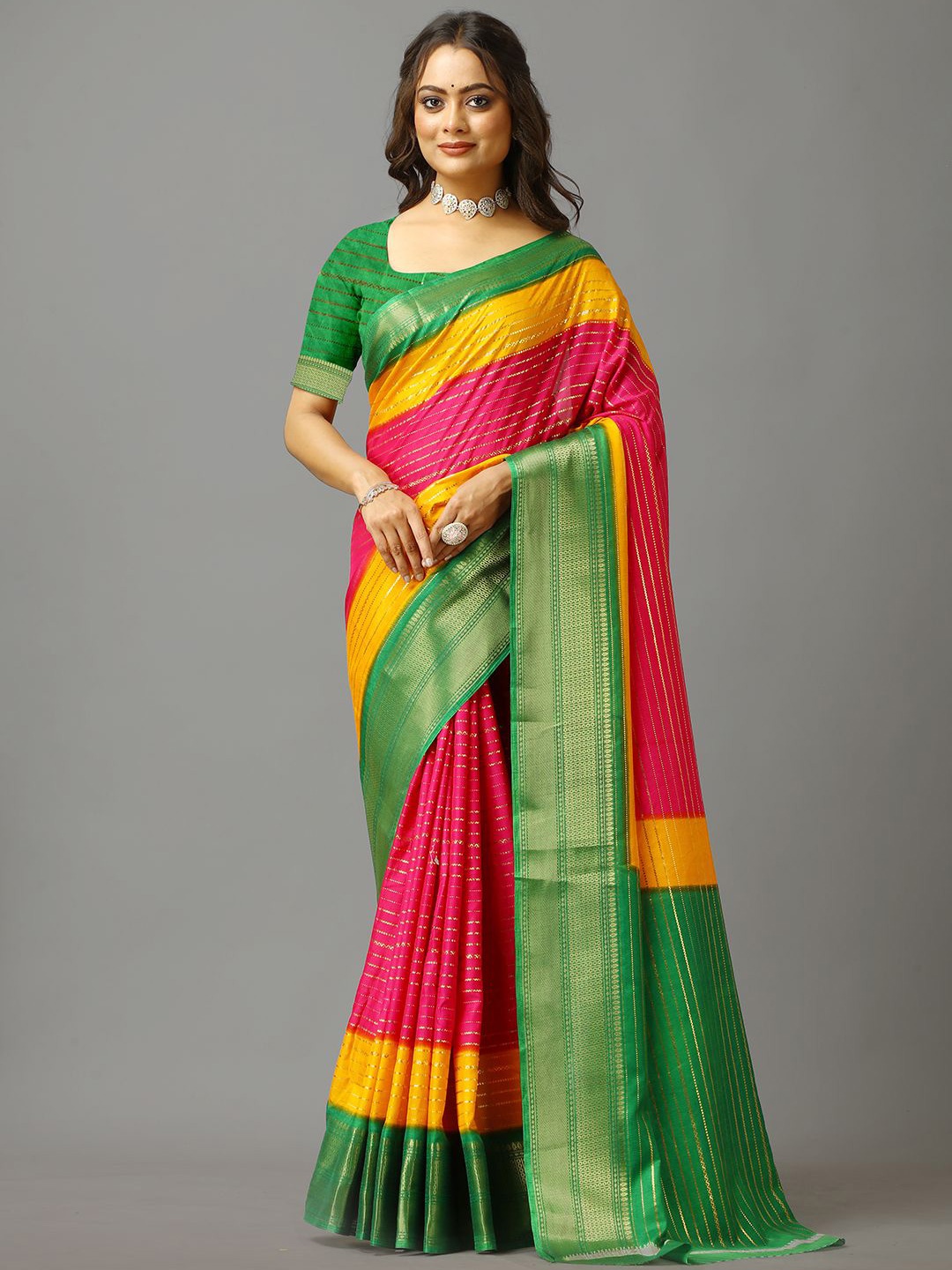 

A.V.M. SILK MILLS Striped Zari Saree With Blouse Piece, Green