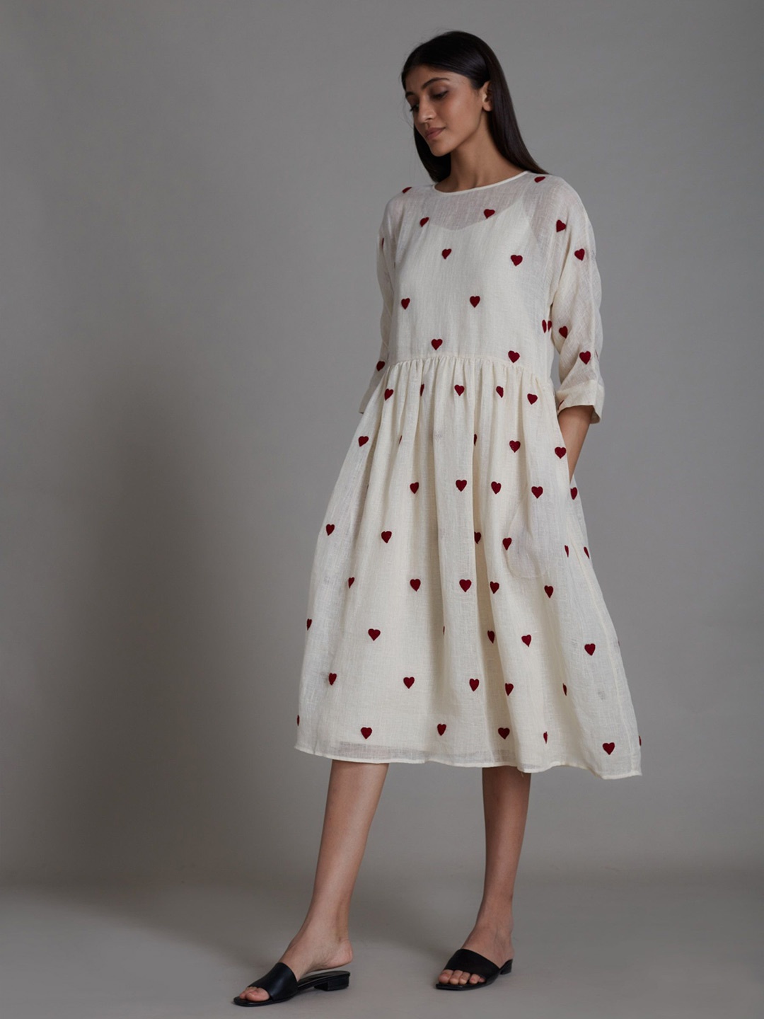 

MATI Polka Dot Print Linen A-Line Midi Dress, White