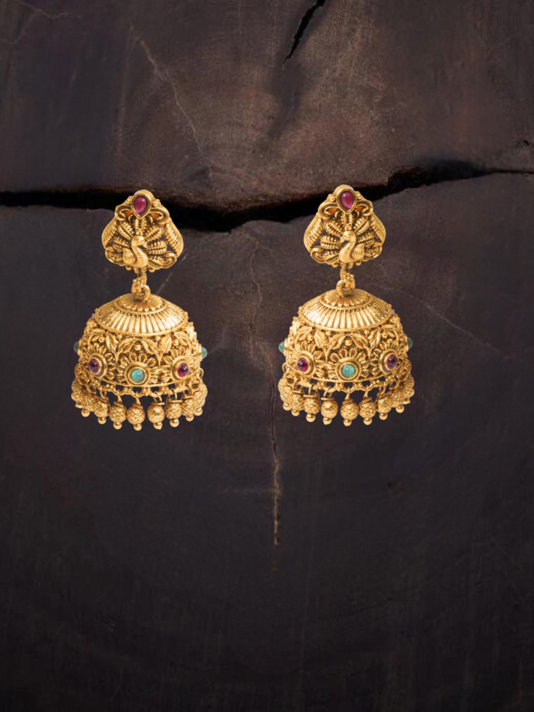 

South Temple Jewellery Gold-Plated Artificial Stoned Studded Dome Shaped Jhumkas