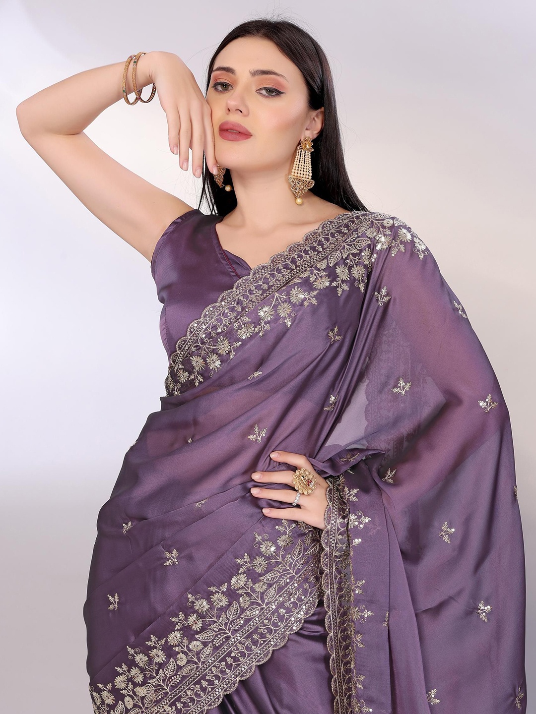 

HERE&NOW Embellished Embroidered Designer Saree, Lavender