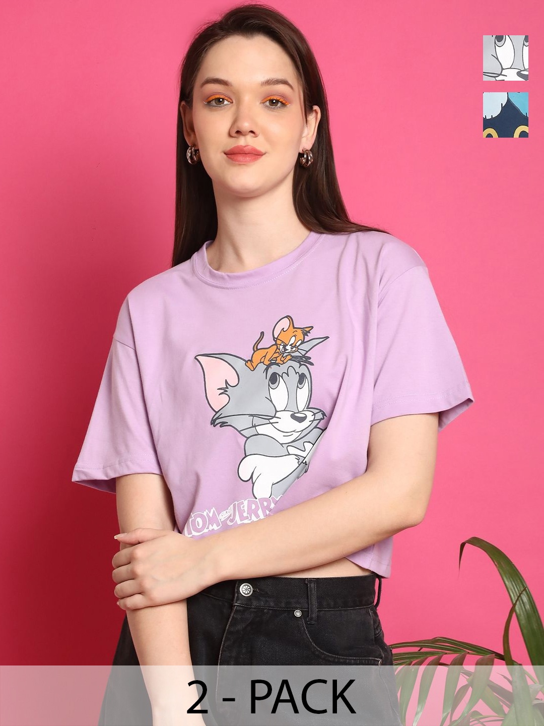 

Dreambe Women Pack of 2 Tom & Jerry Graphic Printed Round Neck Cotton Boxy T-shirts, Lavender