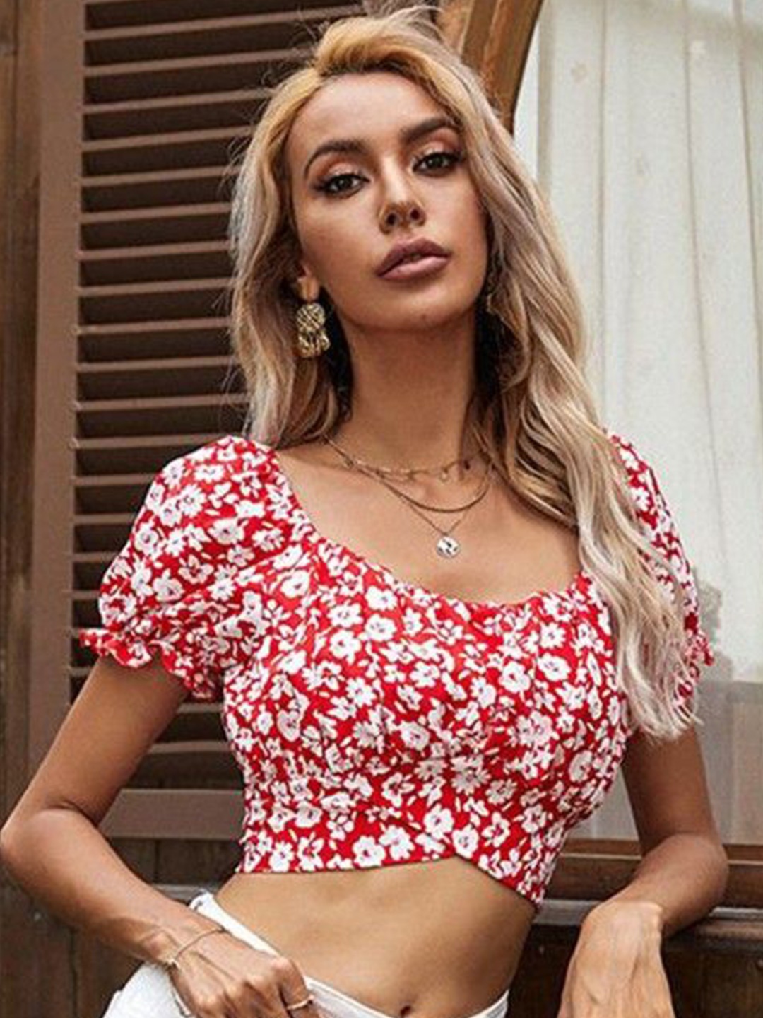 

HERE&NOW Floral Print Puff Sleeve Blouson Crop Top, Red