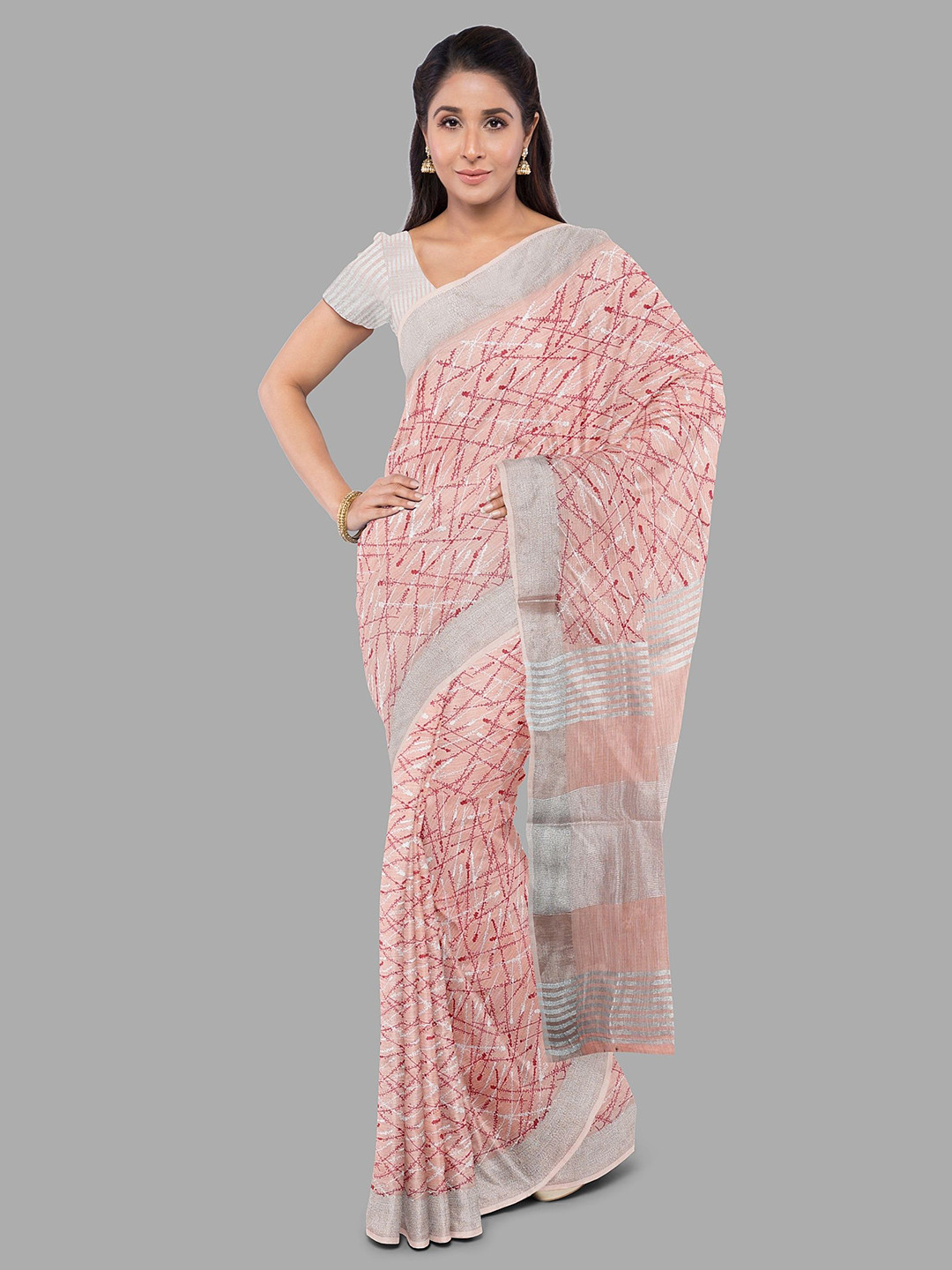 

The Chennai Silks Floral Linen Blend Fusion Bhagalpuri Saree, Peach