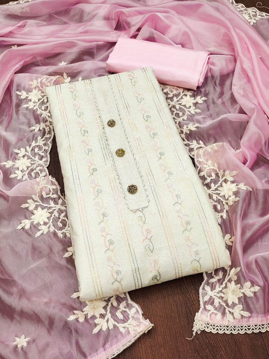 

SAINOOR Embroidered Semi-Stitched Dress Material, Off white