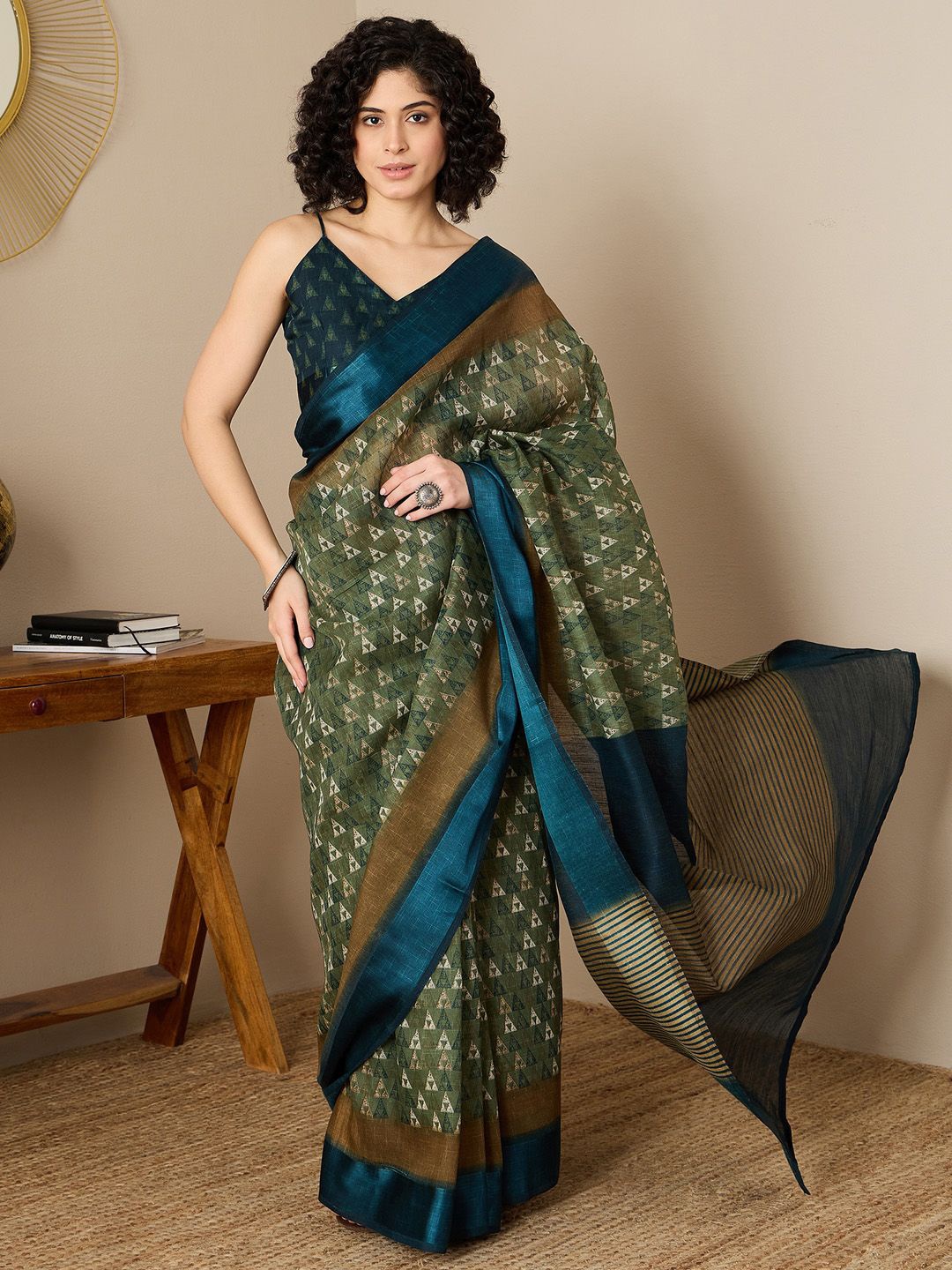 

Mitera Linen Blend Ready to Wear Bagh Saree, Olive