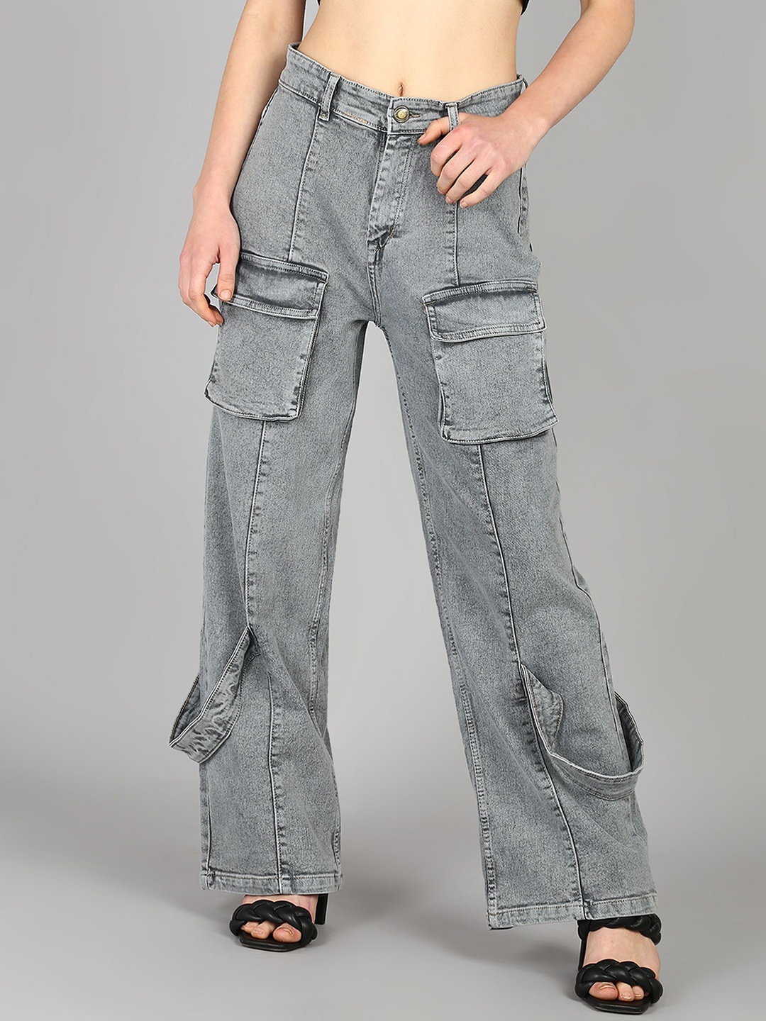 

DressBerry Women Comfort Wide Leg High-Rise Light Fade Acid Wash Stretchable Jeans, Grey