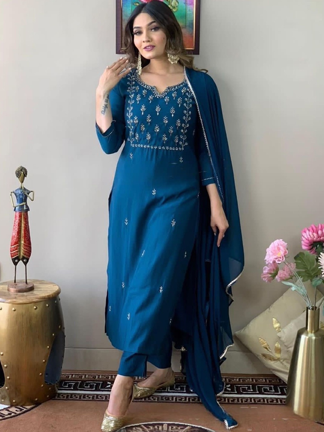 

NIZA FASHION Women Floral Embroidered Regular Kurta with Trousers & With Dupatta, Blue
