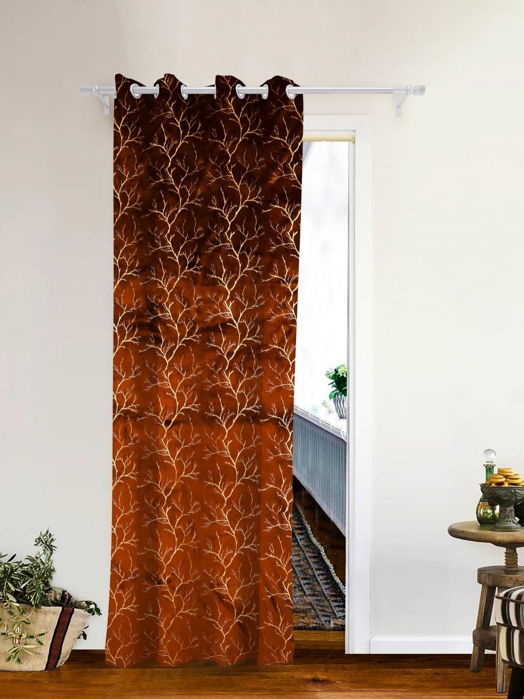 

THE CONVERSION Brown Floral Foil Work Velvet Room Darkening Long Door Curtain