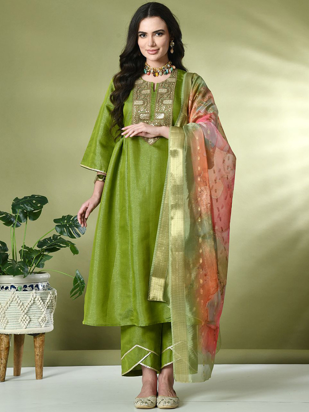 

KALINI Women Floral Embroidered Regular Pure Silk Kurta with Palazzos & With Dupatta, Green