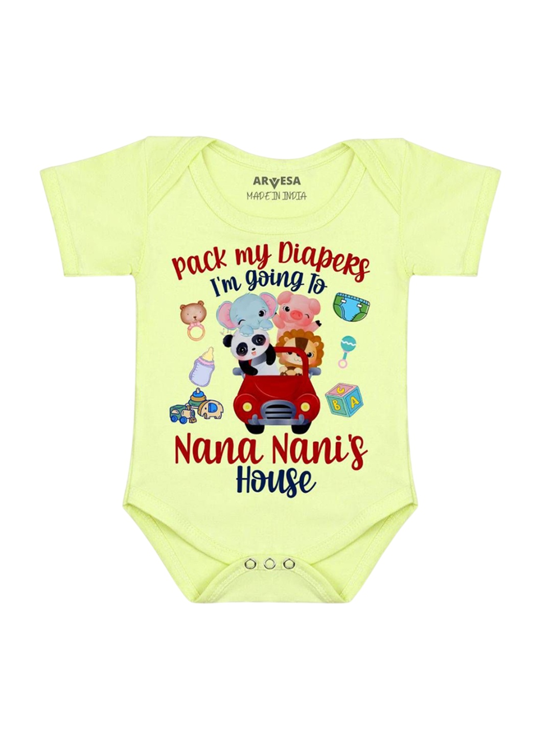 

Arvesa Kids I Am Going To Nana Nani House Printed Romper, Yellow