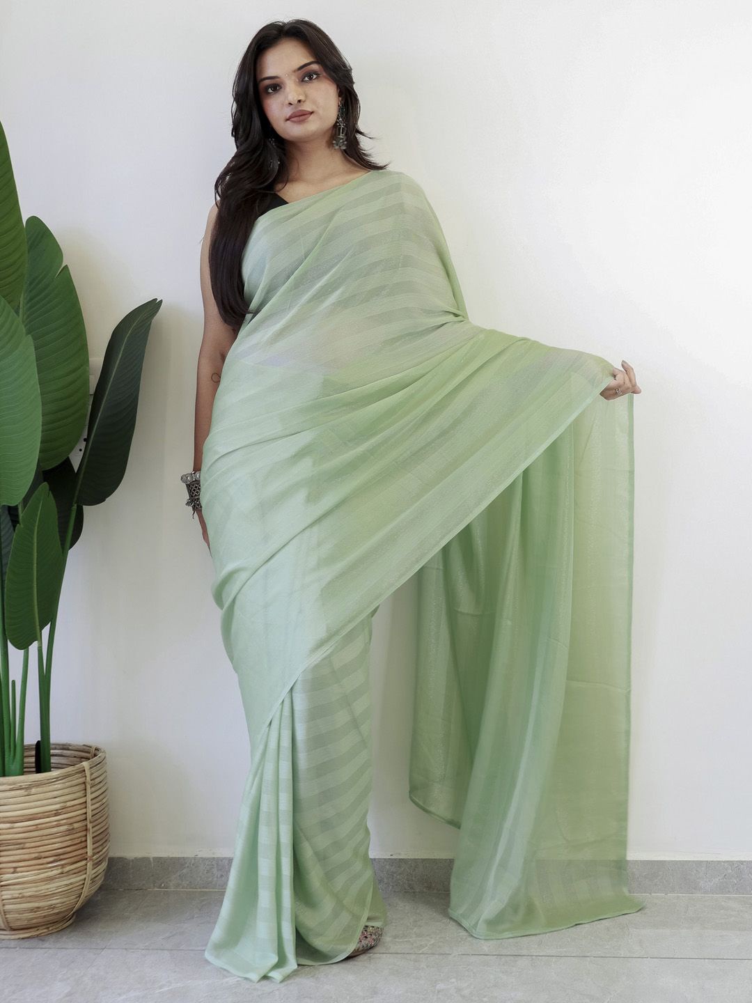 

Mitera Striped Poly Georgette Ready to Wear Saree, Green