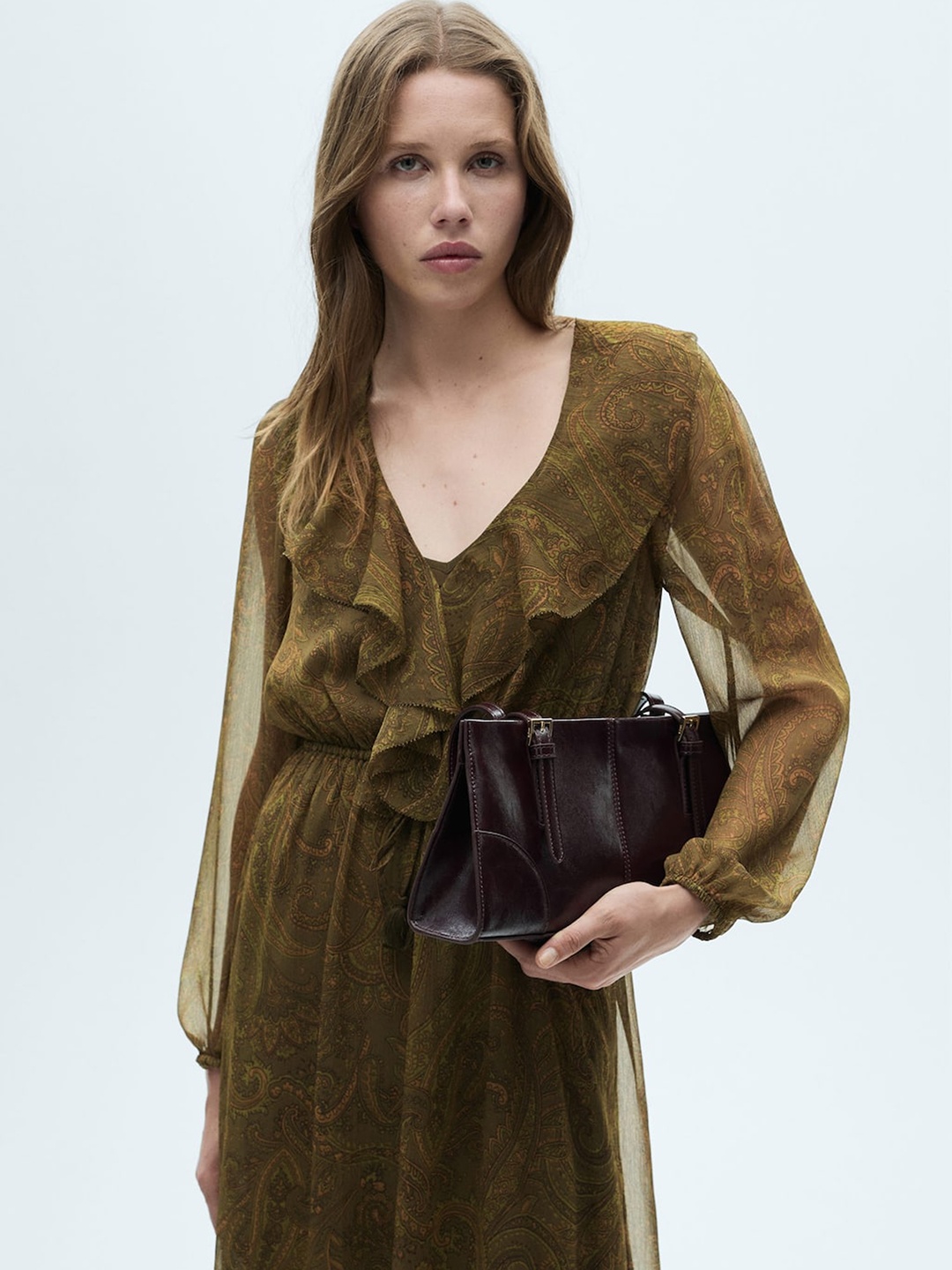 

MANGO Ethnic Motifs Print Puff Sleeve Ruffled A-Line Midi Dress, Green