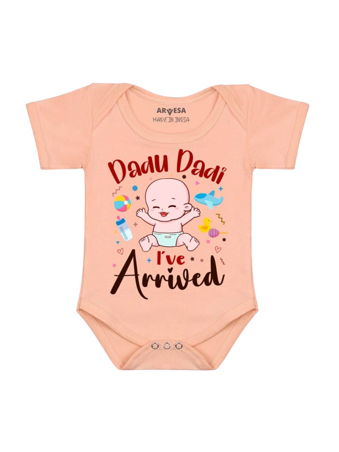 

Arvesa Kids Dada Dadi I Have Arrived Printed Romper, Peach