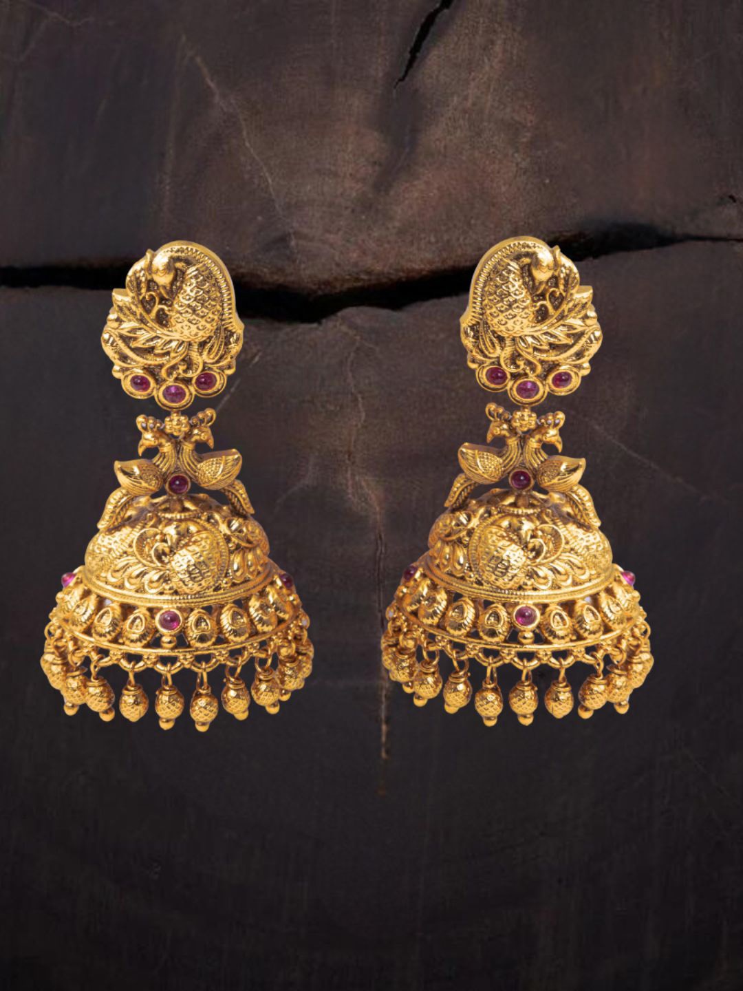 

South Temple Jewellery Gold-Plated Artificial Stoned Studded Dome Shaped Jhumkas