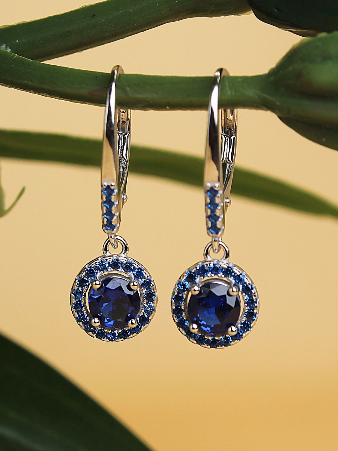 

DEVASHREE 925 Sterling Silver Rhodium-Plated Sapphire CZ Studded Drop Earrings, Blue
