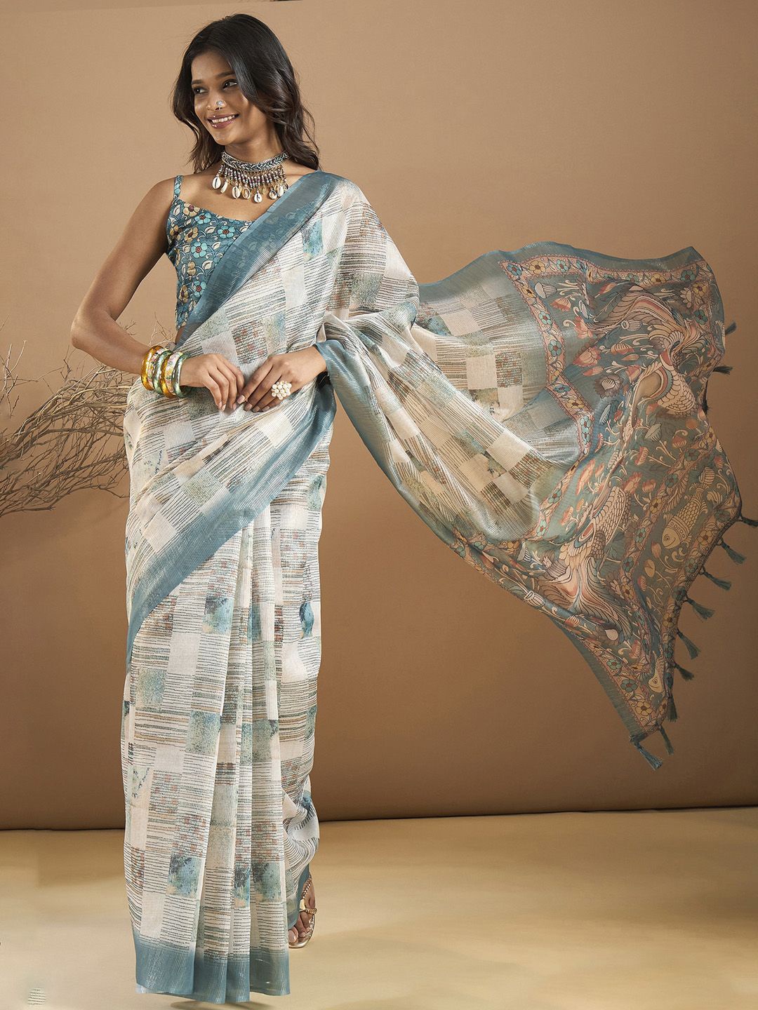 

Mitera Ethnic Motifs Organza Block Print Saree, Blue
