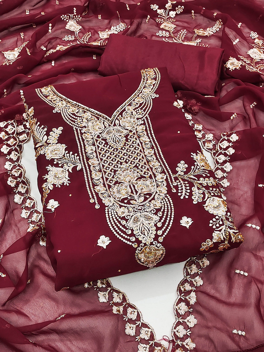 

SAINOOR Embroidered Silk Georgette Unstitched Dress Material, Maroon