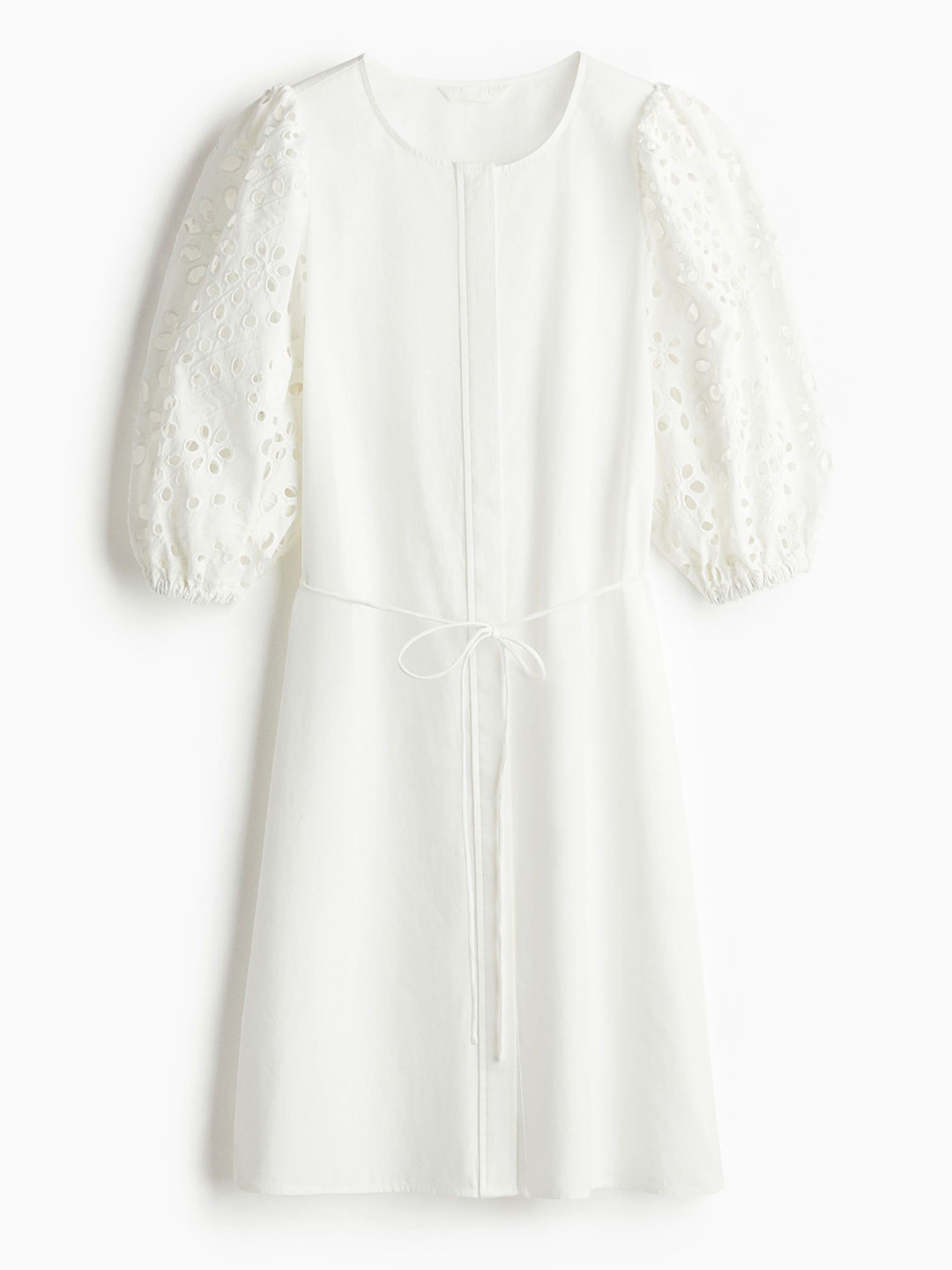 

H&M Pure Cotton White Broderie anglaise-Sleeved Dress