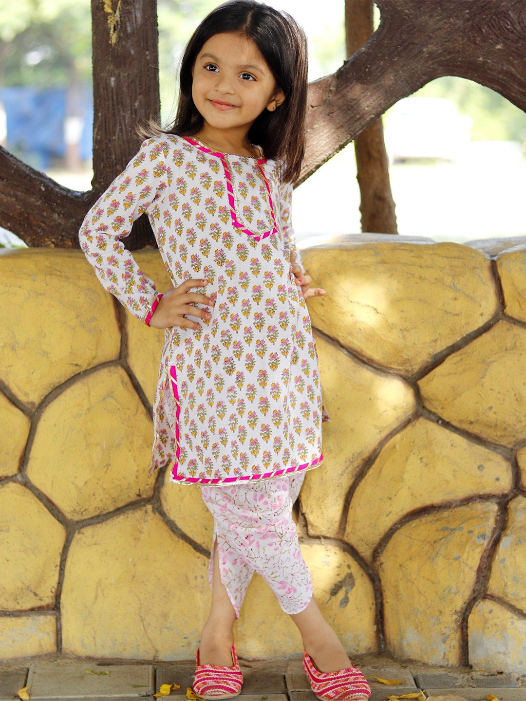 

Thread & Button Girls Floral Printed Regular Pure Cotton Kurta with Dhoti Pants, White