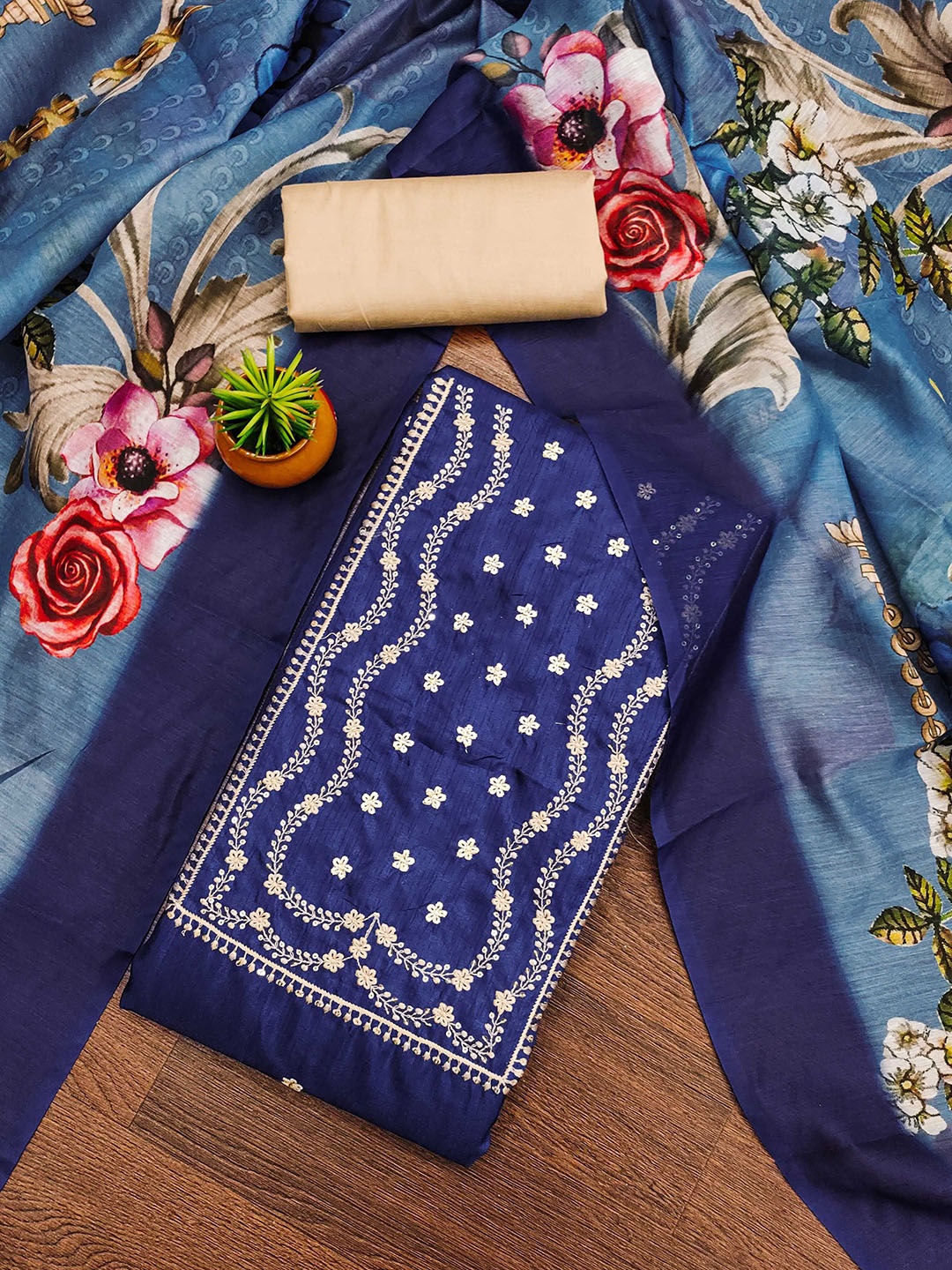 

SAINOOR Embroidered Semi-Stitched Dress Material, Navy blue