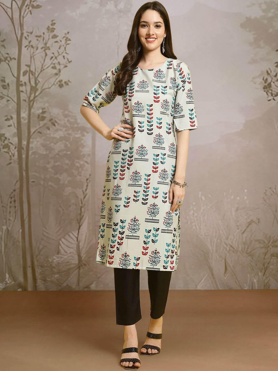 

Moda Rapido Floral Printed Round Neck Straight Kurta With Trousers, Grey