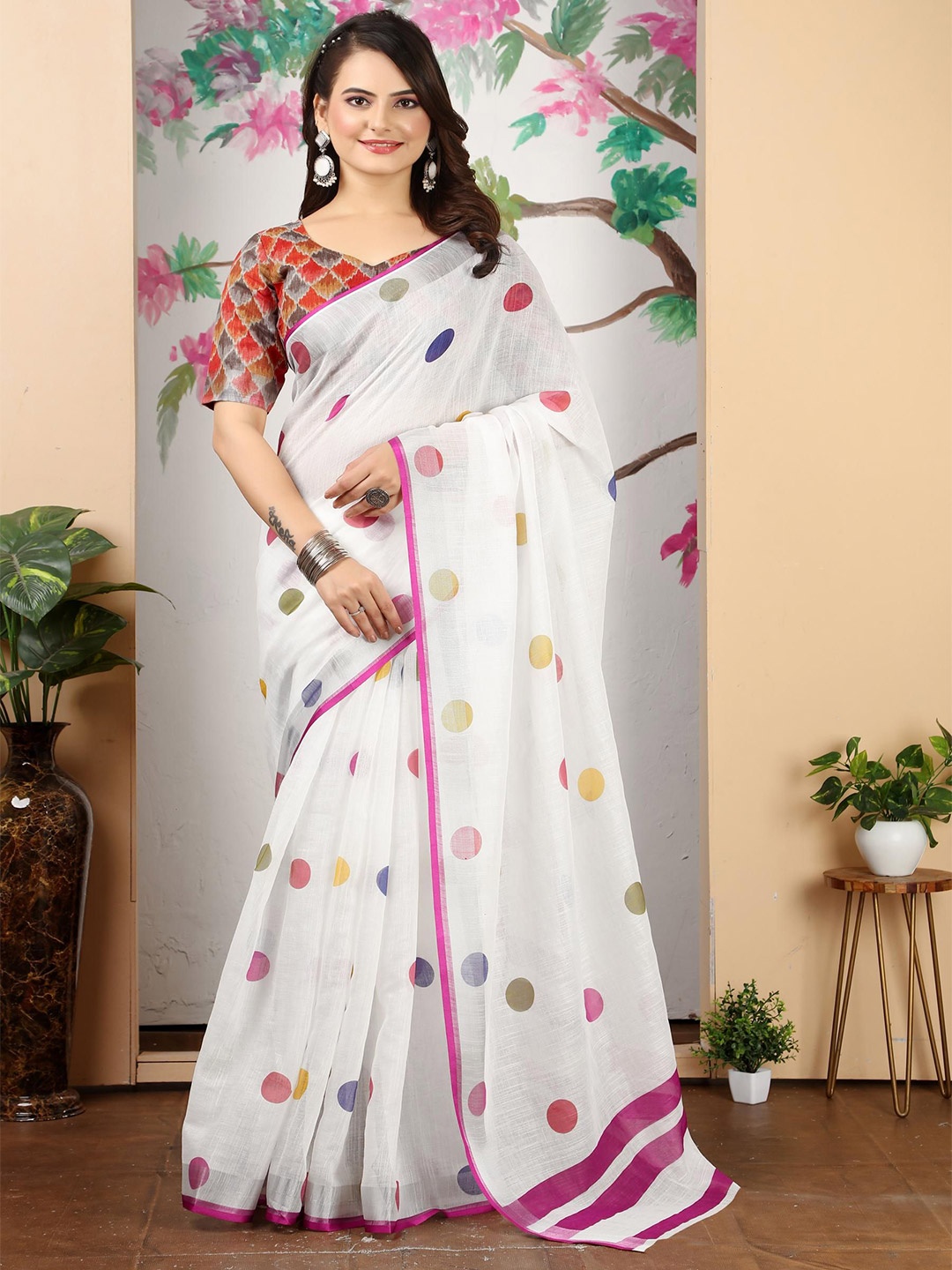 

KALINI Woven Design Linen Blend Designer Khadi Saree, White