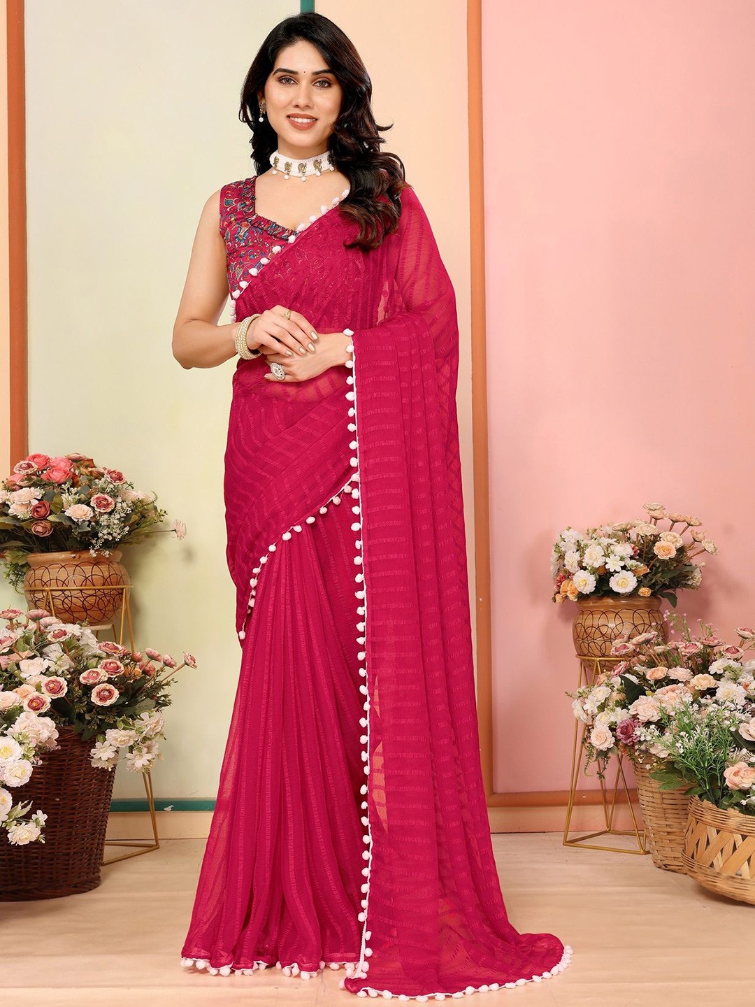 

Fashion FRICKS Striped Poly Georgette Heavy Work Saree, Pink