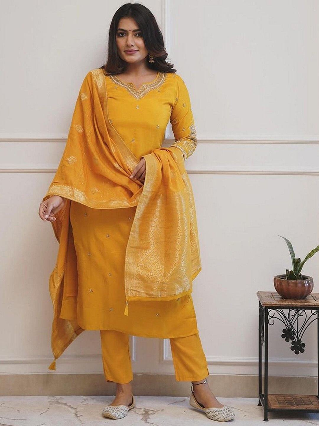 

ZEEPKART Floral Embroidered Notch Neck Sequinned Straight Kurta With Trousers & Dupatta, Yellow